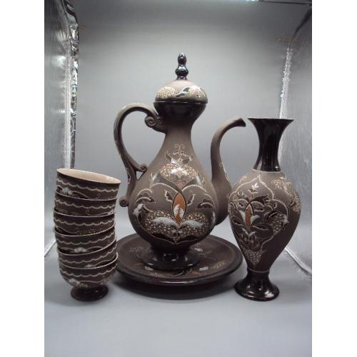 Набор авторский сервиз керамика ручная работа В. Ильчева пиалы, ваза, тарелка и чайник пиалки №14244