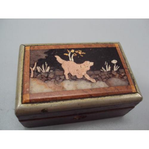Шкатулка для украшений миниатюра мозаика собака камень, дерево старинная 2,7х5,9х3,8 см №13267