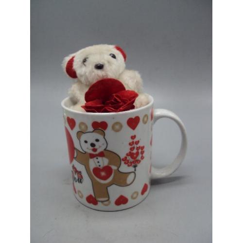 Сувенирная кружка с мишкой Elina чашка фарфор и медведь с розой высота 8,8 см и 13,5 см №13973