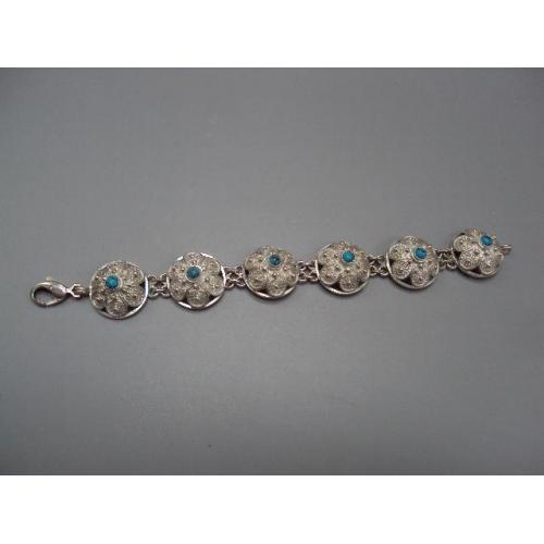 Женский ажурный браслет цветок вставки бирюза серебро 925 вес 46,86 г 19,5см авторская работа №15562