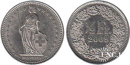1/2 франка Ø18,0 мм. Cu-Ni, 2,20 г.