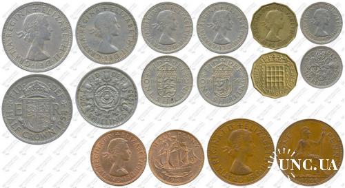 Підборка монет: 1/2 кроны, 2 шиллинга, 1 шиллинг (лев), 1 шиллинг (3 льва), 6, 3, 1, 1/2 пени