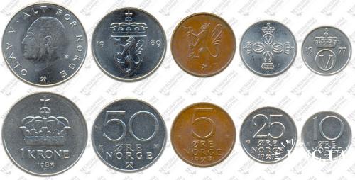 Підборка монет: 1 крона, 50, 25, 10, 5 эре