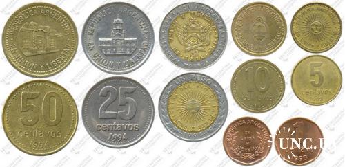 Підборка монет: 1 песо, 50, 25, 10, 5, 1 сентаво