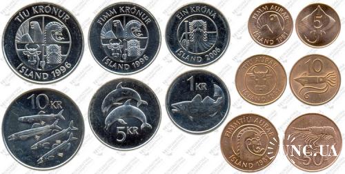 Підборка монет: 10, 5, 1 крона, 50, 10, 5 ариару