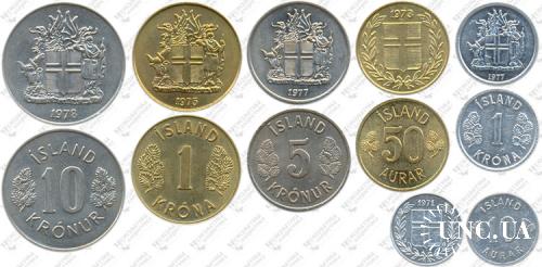 Підборка монет: 10, 5, 1(Ni), 1(Al) крона, 50, 10 ариару