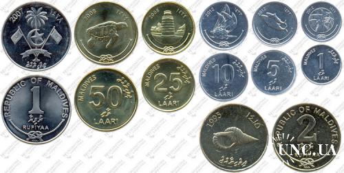 Підборка монет: 2, 1 руфія, 50, 25, 10, 5, 1 лаарі
