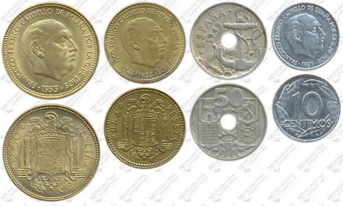 Підборка монет: 2 с 1/2 песеты, 1 песета, 50 и 10 сентаво