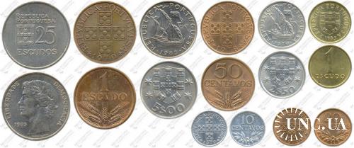 Підборка монет: 25 эскудо, 5 эскудо, 2,5 эскудо, 1 и 1эскудо, 50, 20, 10 сентаво