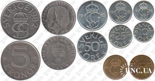 Підборка монет: 5 крон, 1 крона, 50, 25, 10, 5 эре