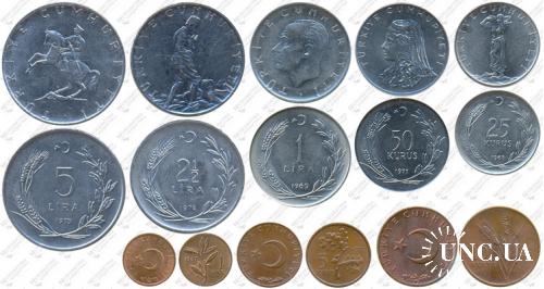 Підборка монет: 5 лір, 2,1/2 ліри, 1 ліра, 50, 25, 10, 5, 1 куруш