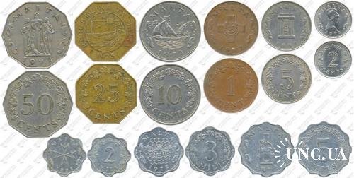 Підборка монет: 50, 25, 10, 5, 2, 1 цент, 5, 3, 2 милс