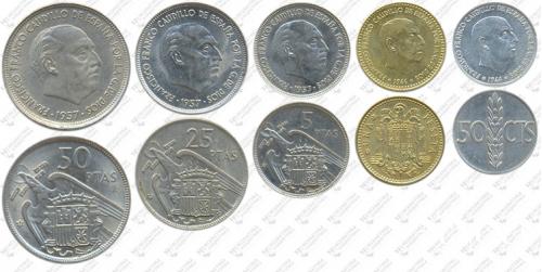 Підборка монет: 50, 25, 5, 1 песета, 50 сентаво
