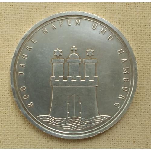 Германия 10 марок, 1989 г -  800 лет Гамбургскому порту, серебро