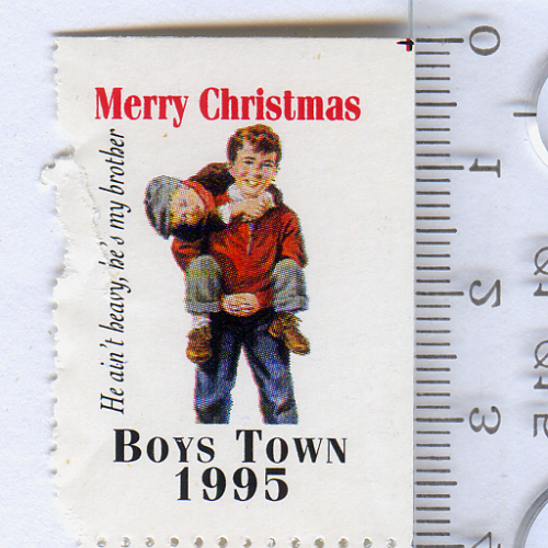 2 неровно оторванные рождественские марки «Merry Christmas. Boys Town 1995», Небраска, США.