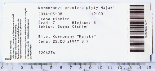 Билет на концерт группы «Kormorany» в Музыкальном театре «Капитоль», Вроцлав, Польша.