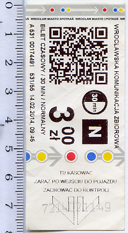 Билет одноразовый нормальный, 30 минут, Вроцлав, Республика Польша. 