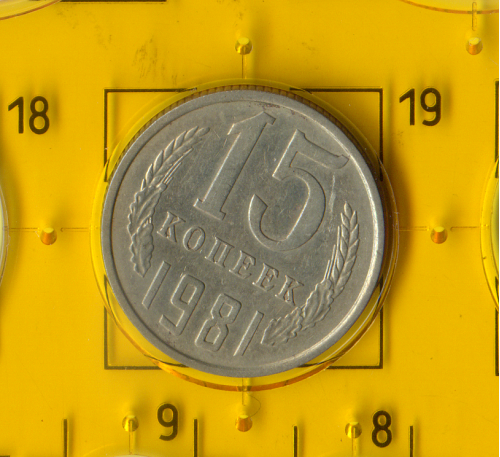 Демонетизована повсякденна монета СРСР номіналом 15 копійок 1981 року.