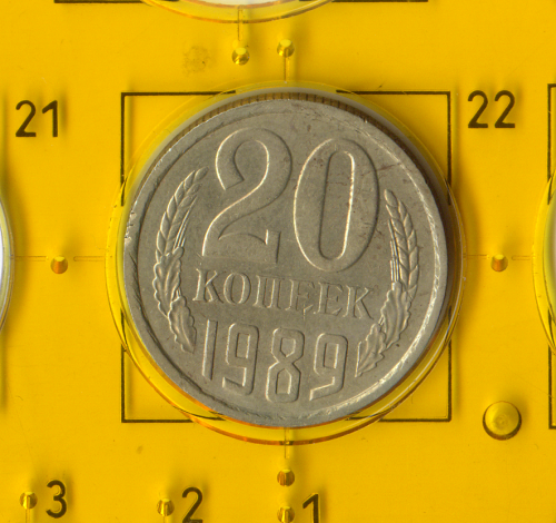 Демонетизована повсякденна монета СРСР номіналом 20 копійок 1989 року.
