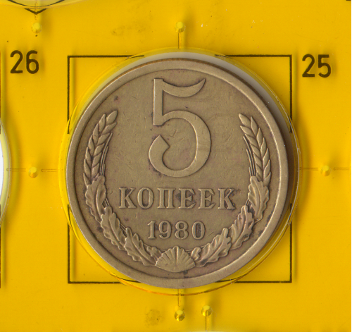 Демонетизована повсякденна монета СРСР номіналом 5 копійок 1980 року.