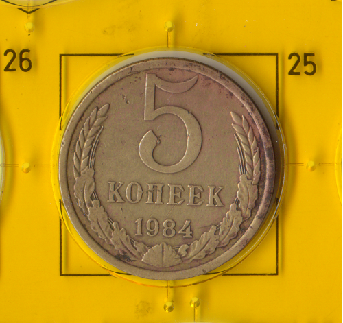 Демонетизована повсякденна монета СРСР номіналом 5 копійок 1984 року.
