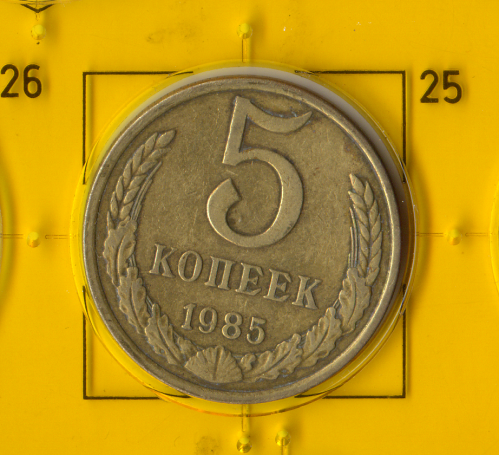 Демонетизована повсякденна монета СРСР номіналом 5 копійок 1985 рік.