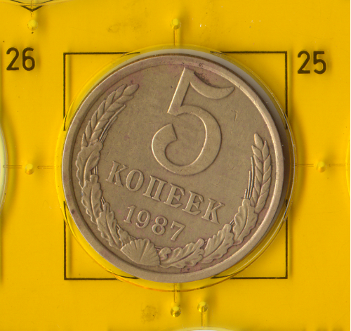 Демонетизована повсякденна монета СРСР номіналом 5 копійок 1987 року.