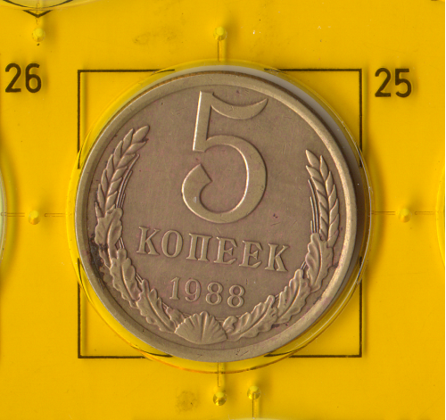 Демонетизована повсякденна монета СРСР номіналом 5 копійок 1988 року.