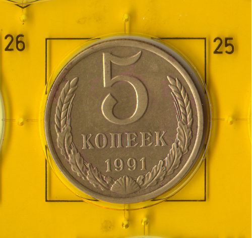 Демонетизована повсякденна монета СРСР номіналом 5 копійок 1991 року зі знаком монет.двору "М".
