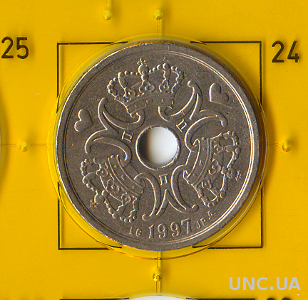 Обиходная монета 1997 года номиналом 2 кроны Дании.