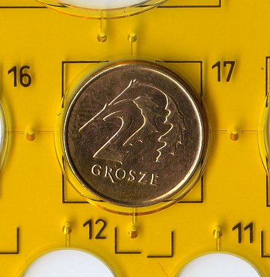 Обиходная монета 2013 года номиналом 2 гроша Республики Польша.