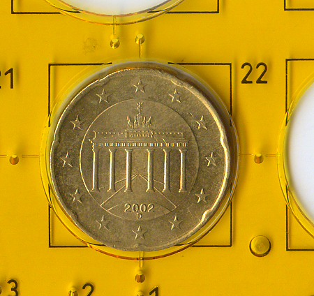 Обиходная монета «испанский цветок» номиналом в 20 евроцентов, Монетный двор Германии (D), 2002.
