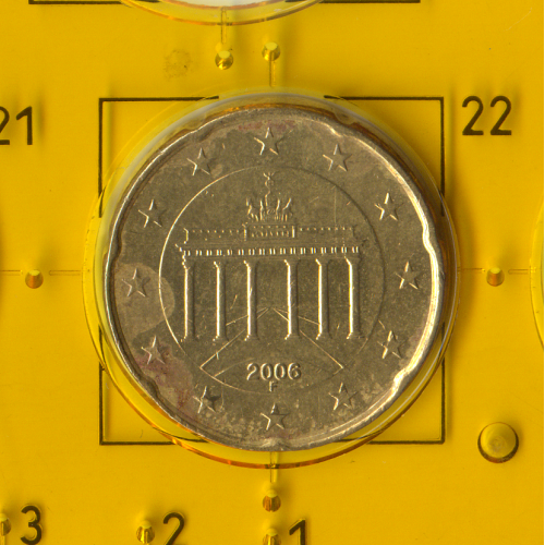 Обиходная монета «испанский цветок» номиналом в 20 евроцентов, Монетный двор Германии (F), 2006.