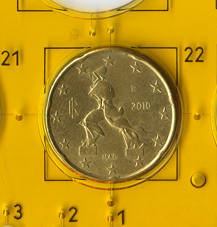 Обиходная монета «испанский цветок» номиналом в 20 евроцентов, Монетный двор Италии в Риме, 2010.