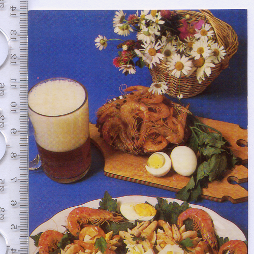 Открытка «Яйца, фаршированные креветками» 1985 года изд-ва «Планета» с фото А.Гидиримского.