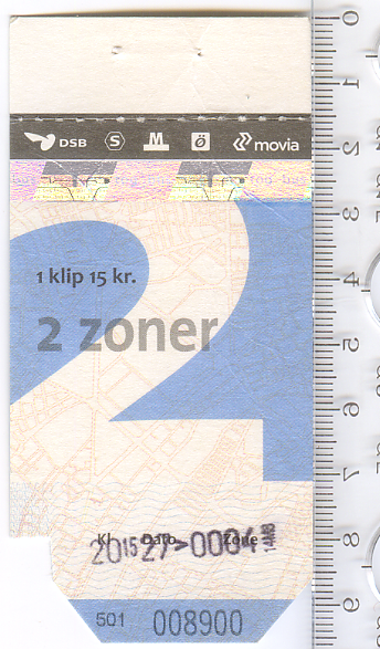 Проїзний одноразовий квиток 2013 р. номіналом 15 датських крон у 2-х зонах Копенгагенського метро.