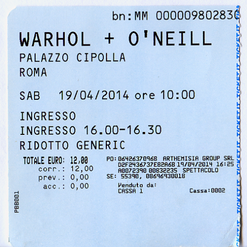 Входной билет на выставку «Терри О'Нил и Энди Уорхол» в Палаццо Чиполла, Рим, Италия.