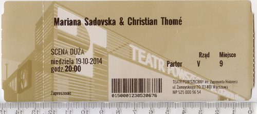 Вхідний одноразовий квиток 2014 року на концерт до театру ім. Зигмунта Хюбнера у Варшаві у Польщі.