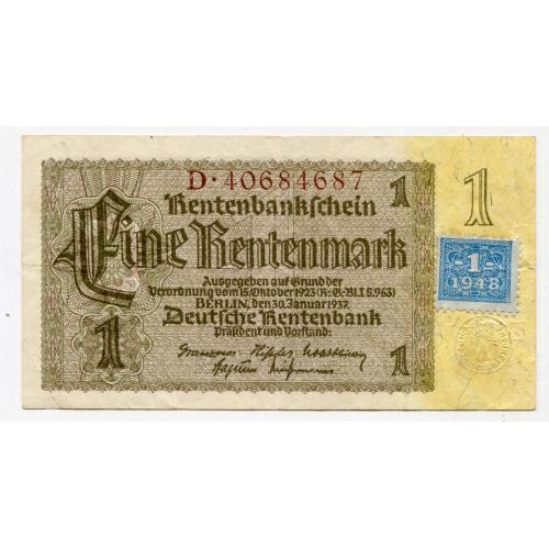 1 рентмарка 1937 р. Німеччина, совітська зона окупації 1948 р.