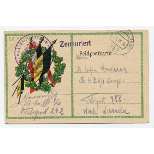 Feldpostkarte 1916 р. FeldPost-242-188. Цензуровано.