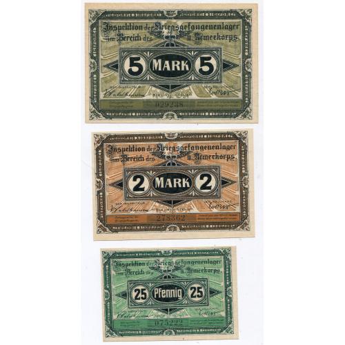 Комплект 25 пфенніґ, 2 марки, 5 марок, Німеччина 1917 р. ІІІ Армійський Корпус.