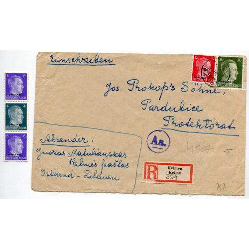 Комплект марки+конверт Кельме, Литва - Пардубіце, Протекторат, 1942