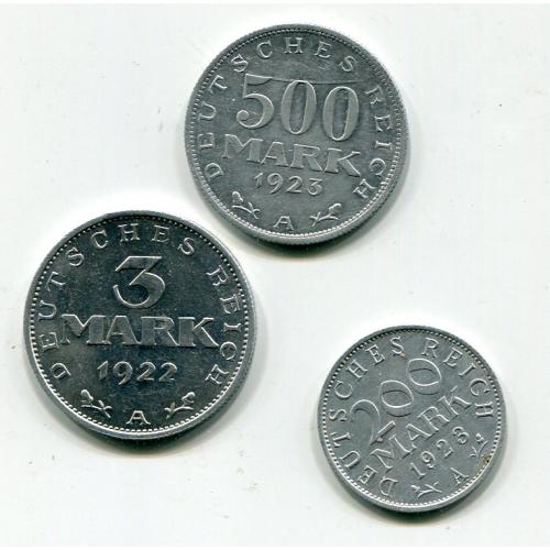 Комплект марок: 3, 200, 500. 1922-23 рр. Al. Німеччина.
