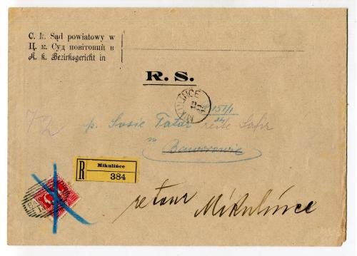 Конверт із квитанцією. Микулинці-Баворів. Повітовий суд 1912 р.