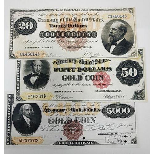 Набор долларов США, Золотой сертификат, 1882 год, 20, 50, 5000 долларов, (3 копии)