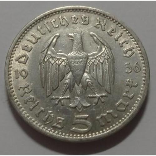 Германия. 3 рейх. 5 рейхсмарок (марок). 1936. Серебро.
