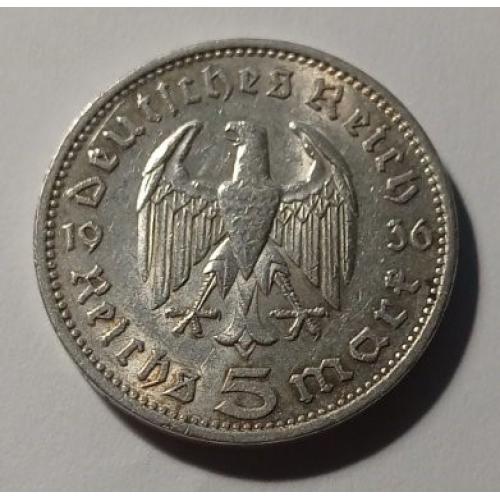 Німеччина. 3 рейх. 5 рейхсмарок (марок). 1936. Срібло.