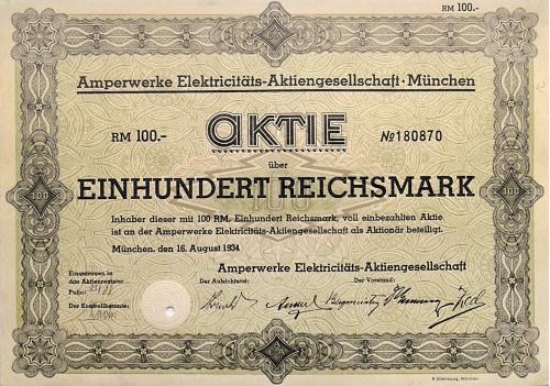 Акция на 100 RM Amperwerke Elektricitats-AG Munchen 1934 Германия Mt 19