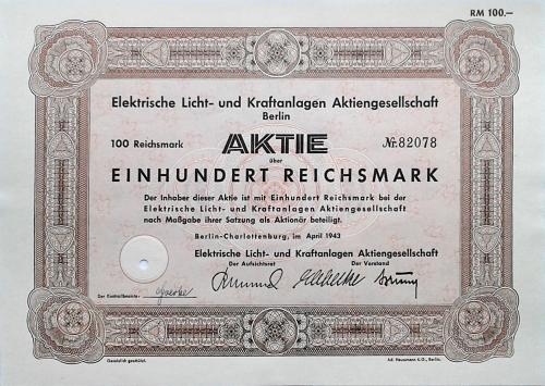 Акция на 100 RM Elektrische Licht- und Kraftanlagen AG Berlin 1943 Германия Mt 22