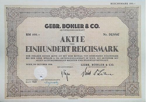 Акция на 100 RM Gebr. Bohler &amp; Co. AG 1939 Германия Mt 24